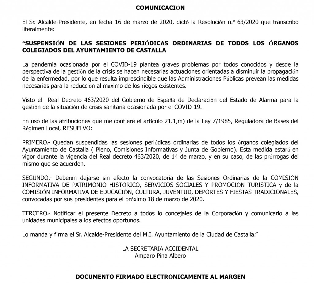 Comunicación suspensión órganos colegiados Ayuntamiento