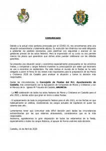 Comunicado anulación Fiestas MYC