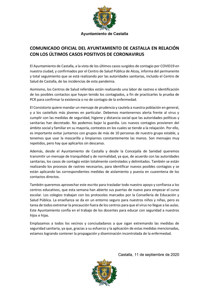 Comunicado Ayuntamiento Castalla Coronavirus