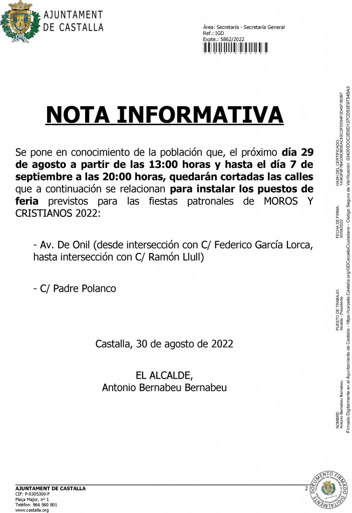 BANDO Y NOTA INFORMATIVA FIESTAS MOROS Y CRISTIANOS CASTALLA 2022-2