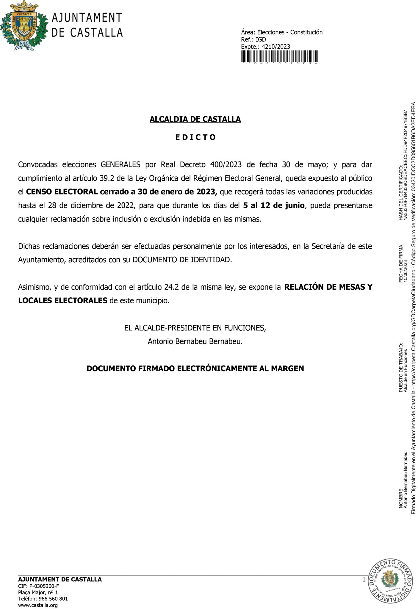 Edicto elecciones generales 23 de julio de 2023 : Ayuntamiento Castalla